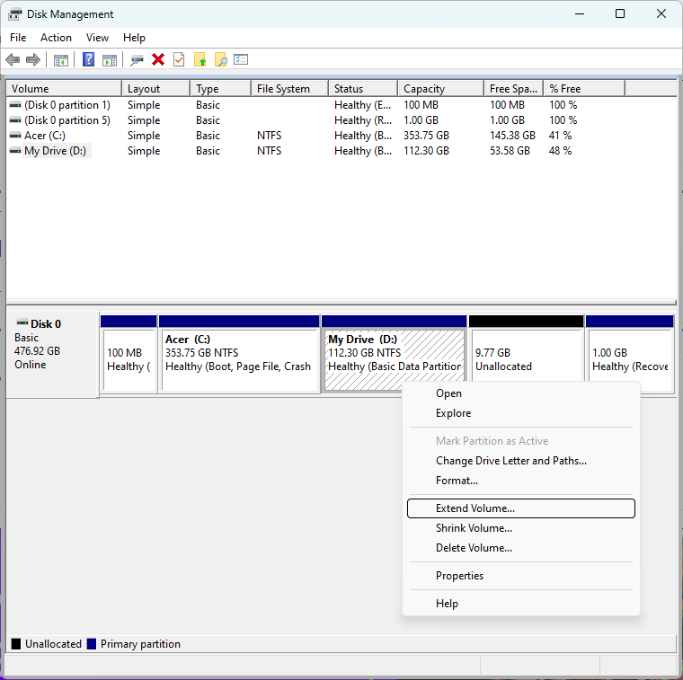 extend volume on windows