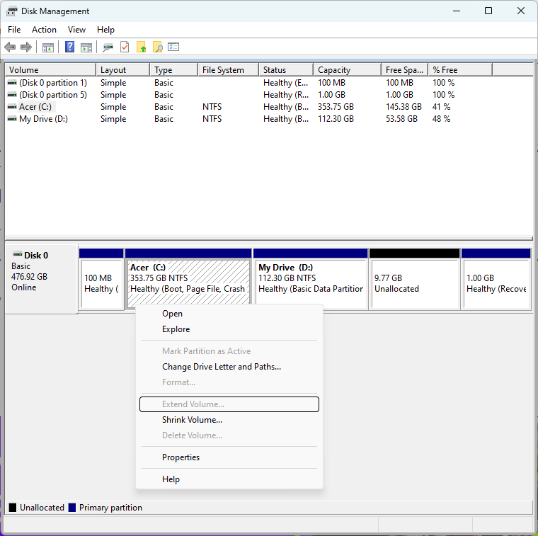 extend volume on windows