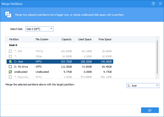 extend volume on windows with AOMEI patition assistant