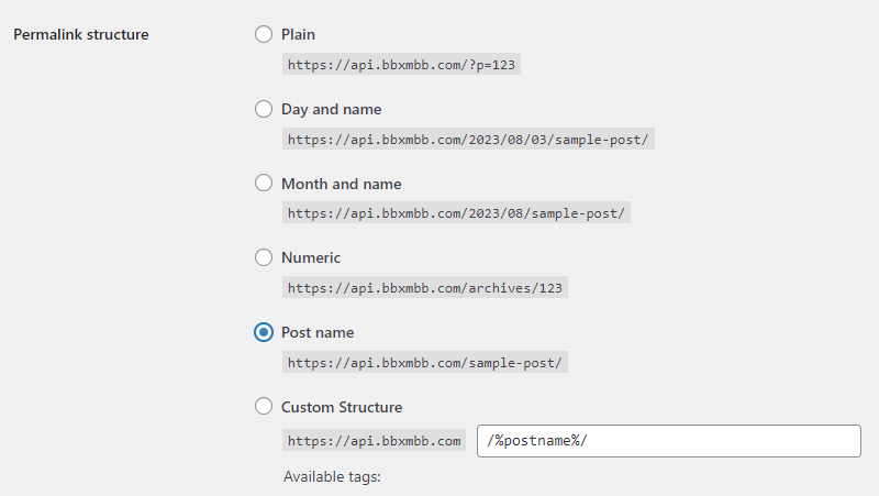 เปลี่ยน Permalink structure เป็น Post name เพื่อให้ REST API เข้าถึง path ได้ตามค่าที่ตั้ง