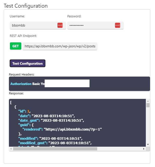 Response from Test Configuration in WordPress REST API Authentication Plugin