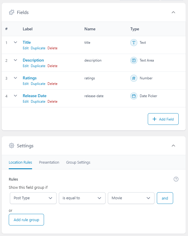 Setup Field Group and assign to Movie Post Type with ACF plugin