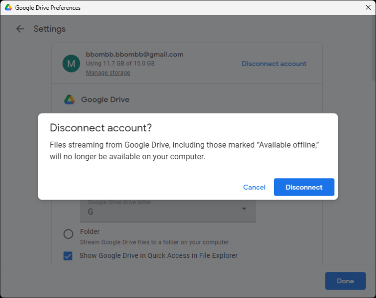 Click Settings and Disconnect the account