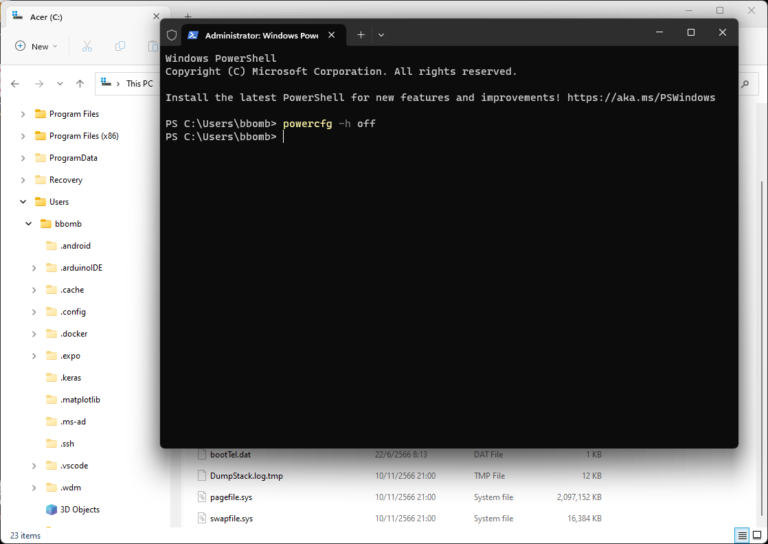 Type powercfg -h off to delete hybernation file system