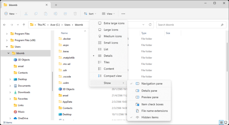Setting folder to show the hide data